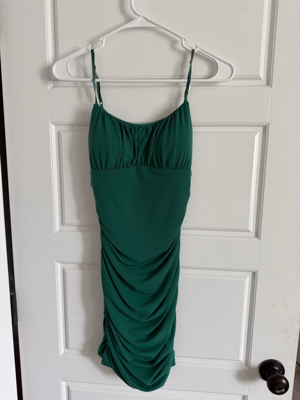 Honey and Rosie Emerald Green Ruched Spaghetti-Strap Mini Dress